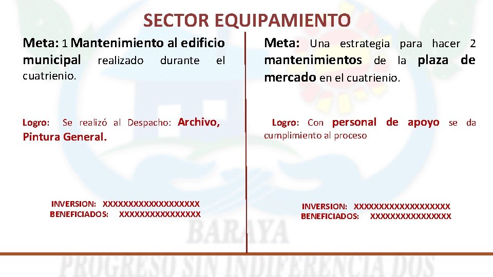 SECTOR EQUIPAMIENTO Meta: 1 Mantenimiento al edificio municipal realizado durante el cuatrienio. Logro: Se