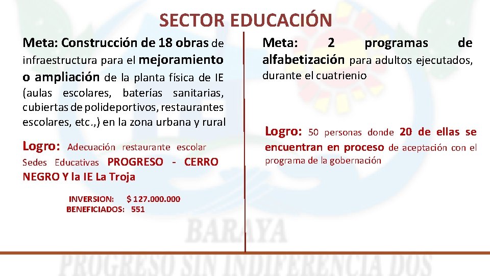 SECTOR EDUCACIÓN Meta: Construcción de 18 obras de infraestructura para el mejoramiento o ampliación