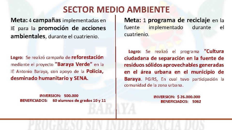 SECTOR MEDIO AMBIENTE Meta: 4 campañas implementadas en IE para la promoción de acciones