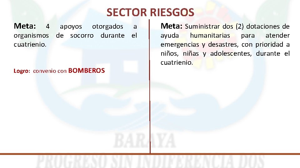 SECTOR RIESGOS Meta: 4 apoyos otorgados a organismos de socorro durante el cuatrienio. Logro: