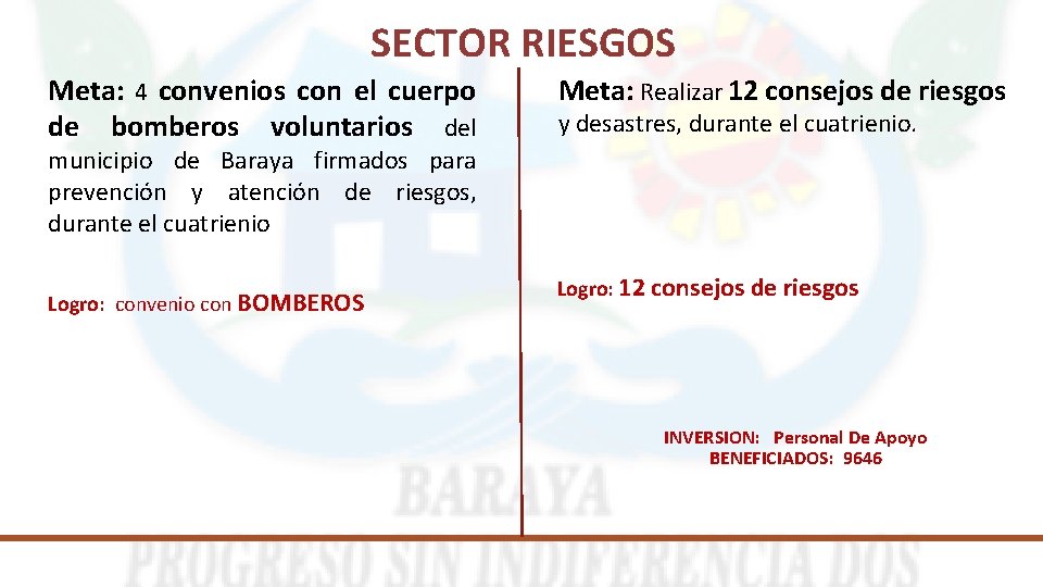 SECTOR RIESGOS Meta: 4 convenios con el cuerpo de bomberos voluntarios del Meta: Realizar