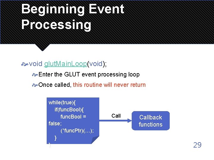 Beginning Event Processing void glut. Main. Loop(void); Enter the GLUT event processing loop Once