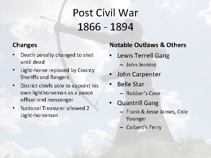 Post Civil War 1866 - 1894 Changes Notable Outlaws & Others • Death penalty