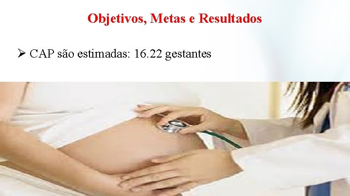 Objetivos, Metas e Resultados Ø CAP são estimadas: 16. 22 gestantes 