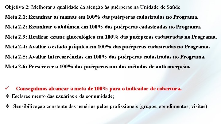 Objetivo 2: Melhorar a qualidade da atenção às puérperas na Unidade de Saúde Meta