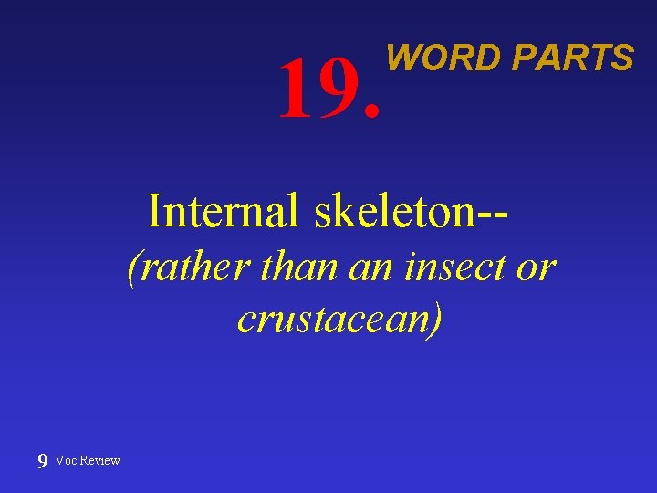 19. WORD PARTS Internal skeleton-(rather than an insect or crustacean) 9 Voc Review 