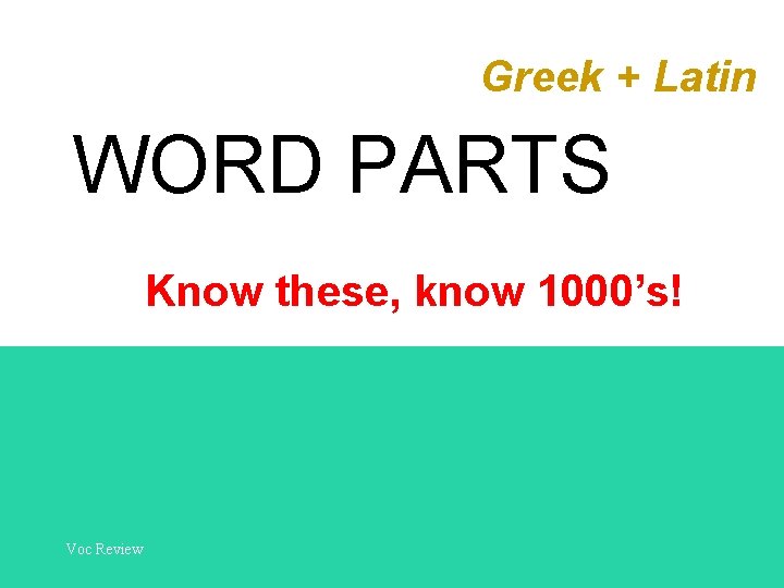 Greek + Latin WORD PARTS Know these, know 1000’s! Voc Review 