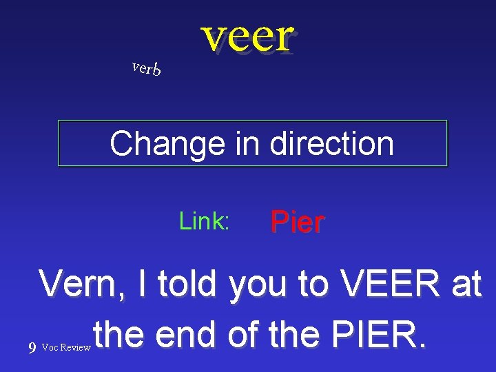 verb veer Change in direction Link: Pier Vern, I told you to VEER at