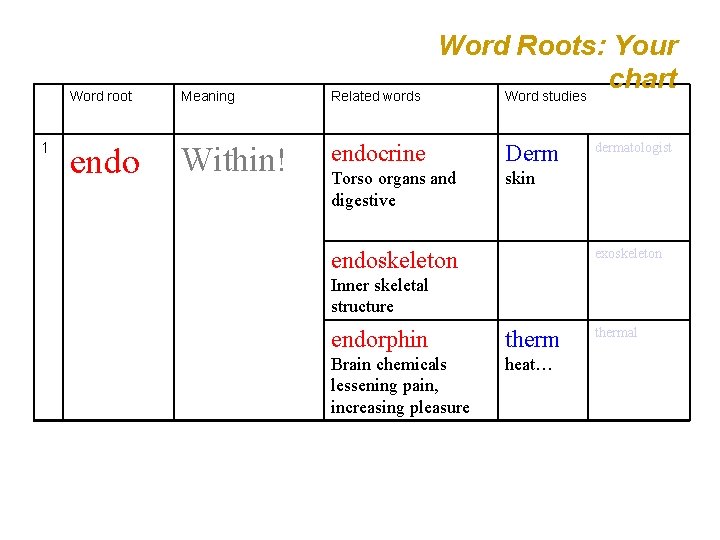 Word root 1 endo Word Roots: Your chart Word studies Meaning Related words Within!