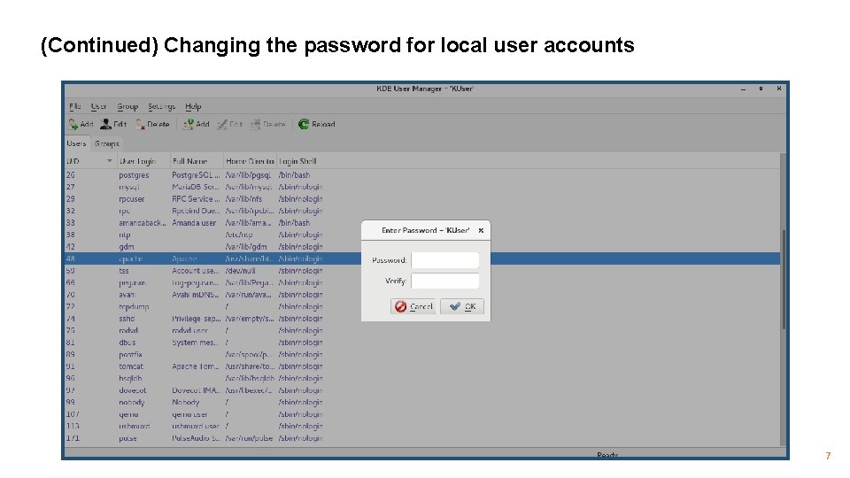 (Continued) Changing the password for local user accounts 7 
