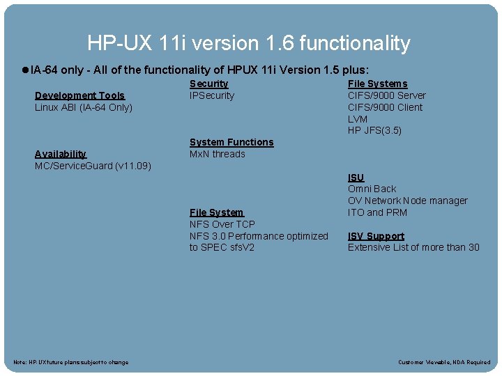 HPUX 11 i Roadmap HP-UX 11 i version 1. 6 functionality l. IA-64 only