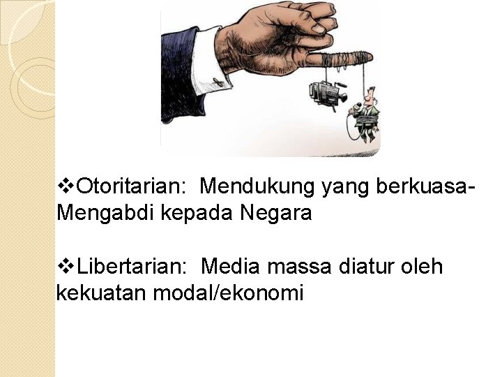 v. Otoritarian: Mendukung yang berkuasa. Mengabdi kepada Negara v. Libertarian: Media massa diatur oleh