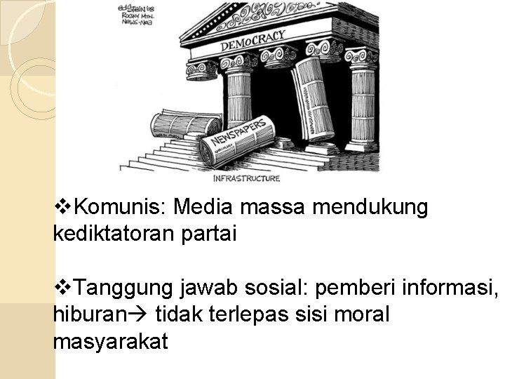 v. Komunis: Media massa mendukung kediktatoran partai v. Tanggung jawab sosial: pemberi informasi, hiburan