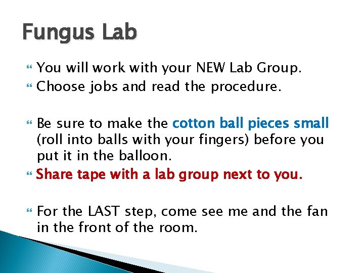 Fungus Lab You will work with your NEW Lab Group. Choose jobs and read