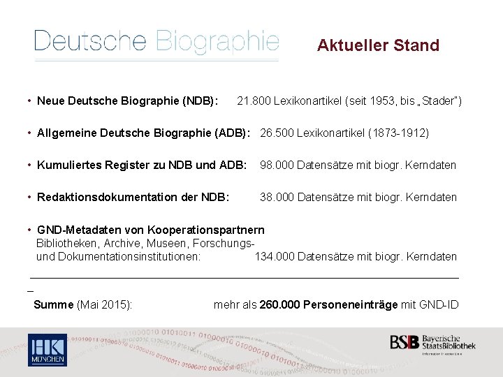 Die Deutsche Biographie – • Neue Deutsche Biographie (NDB): Aktueller Stand 21. 800 Lexikonartikel