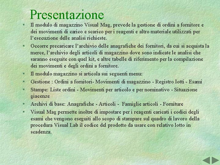 § § § § Presentazione Il modulo di magazzino Visual Mag, prevede la gestione
