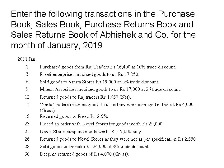 Enter the following transactions in the Purchase Book, Sales Book, Purchase Returns Book and