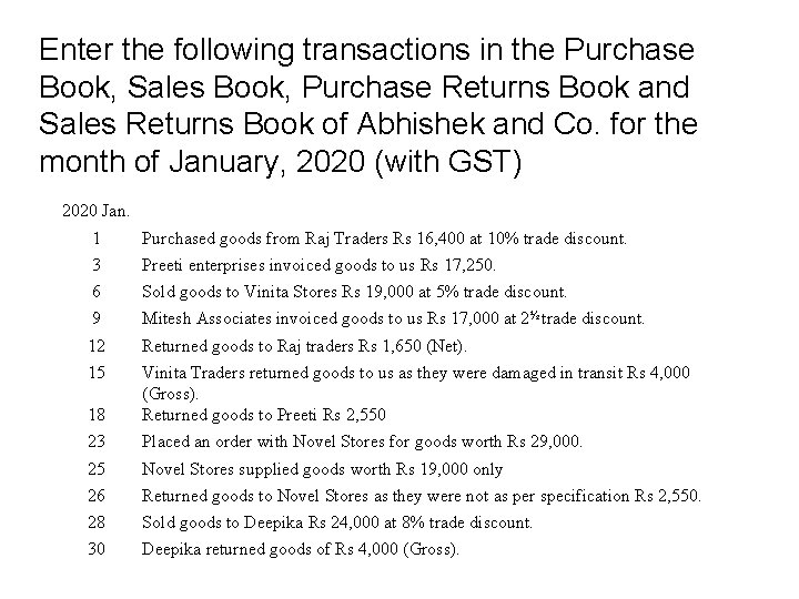 Enter the following transactions in the Purchase Book, Sales Book, Purchase Returns Book and