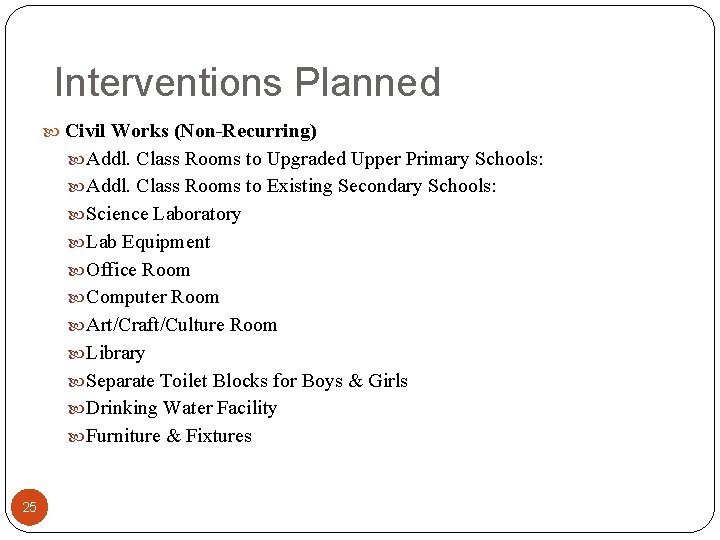 Interventions Planned Civil Works (Non-Recurring) Addl. Class Rooms to Upgraded Upper Primary Schools: Addl.