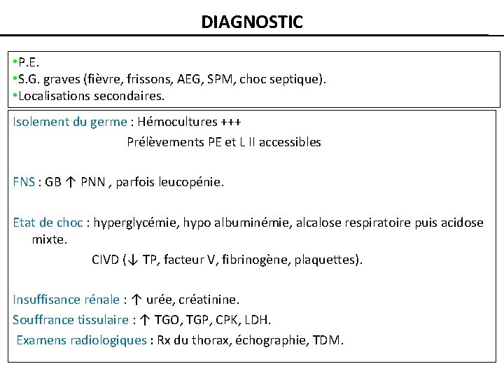 DIAGNOSTIC • P. E. • S. G. graves (fièvre, frissons, AEG, SPM, choc septique).