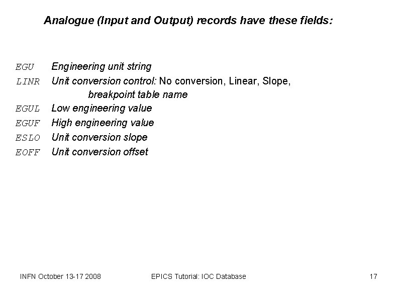 Analogue (Input and Output) records have these fields: EGU Engineering unit string LINR Unit