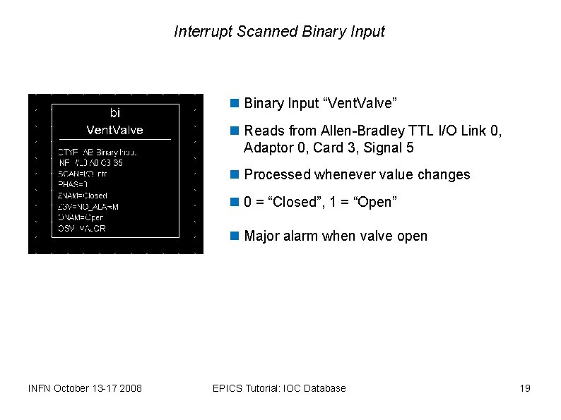 Interrupt Scanned Binary Input “Vent. Valve” Reads from Allen-Bradley TTL I/O Link 0, Adaptor