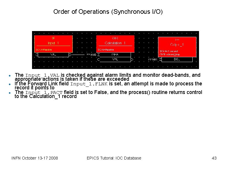 Order of Operations (Synchronous I/O) The Input_1. VAL is checked against alarm limits and