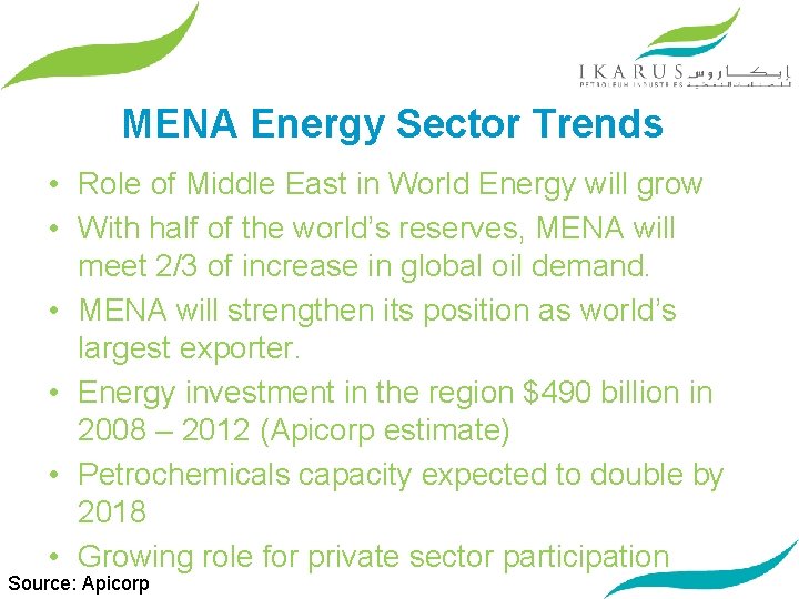 MENA Energy Sector Trends • Role of Middle East in World Energy will grow