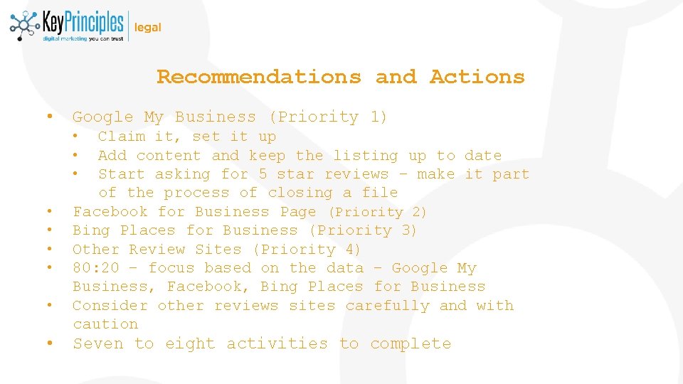 Recommendations and Actions • Google My Business (Priority 1) • • • Claim it,