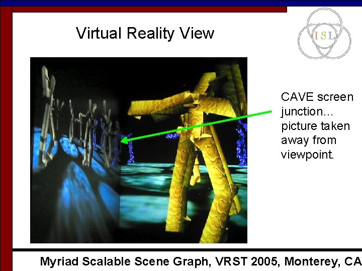Virtual Reality View CAVE screen junction… picture taken away from viewpoint. Myriad Scalable Scene Virtual Reality View CAVE screen junction… picture taken away from viewpoint. Myriad Scalable Scene