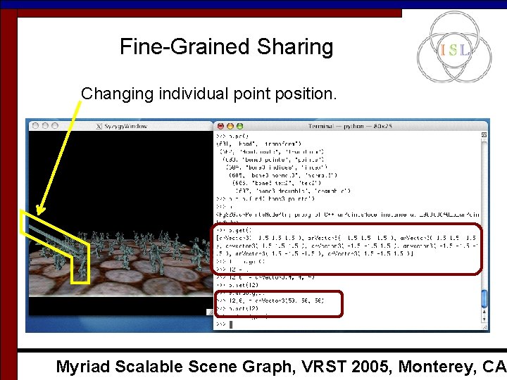 Fine-Grained Sharing Changing individual point position. Myriad Scalable Scene Graph, VRST 2005, Monterey, CA Fine-Grained Sharing Changing individual point position. Myriad Scalable Scene Graph, VRST 2005, Monterey, CA