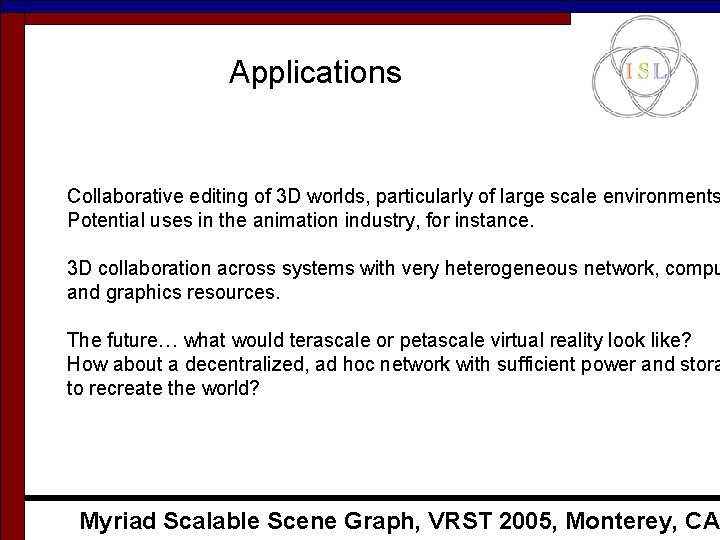 Applications Collaborative editing of 3 D worlds, particularly of large scale environments Potential uses Applications Collaborative editing of 3 D worlds, particularly of large scale environments Potential uses