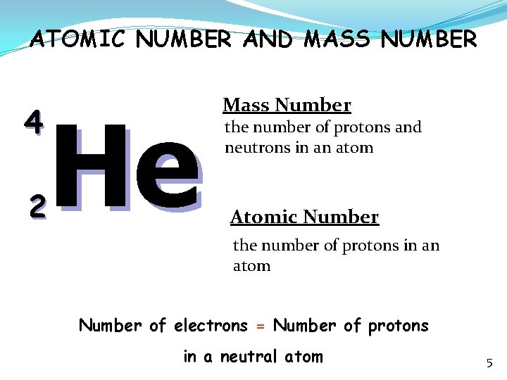 ATOMIC NUMBER AND MASS NUMBER 4 He 2 Mass Number the number of protons
