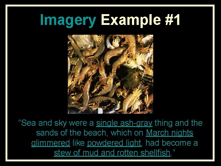 Imagery Example #1 “Sea and sky were a single ash-gray thing and the sands