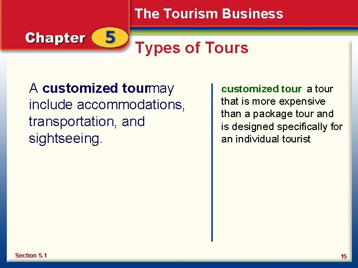 The Tourism Business Types of Tours A customized tourmay include accommodations, transportation, and sightseeing.