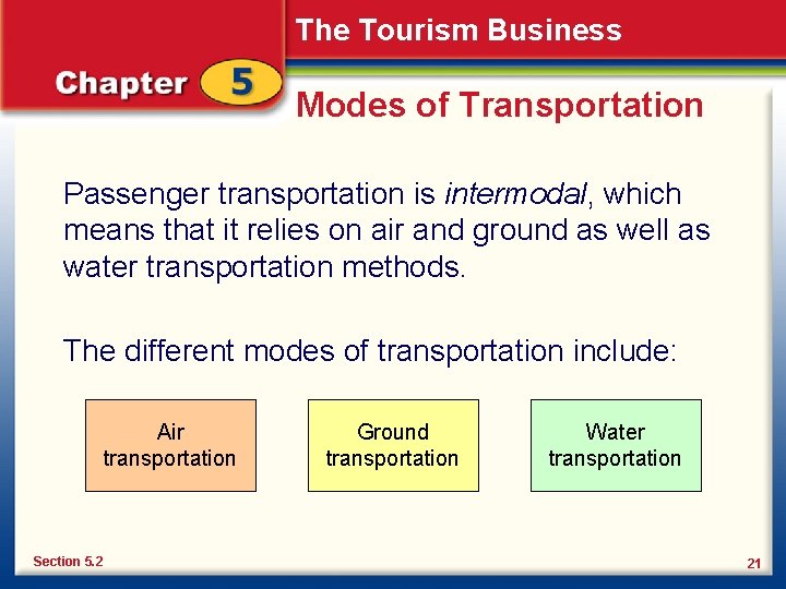 The Tourism Business Modes of Transportation Passenger transportation is intermodal, which means that it