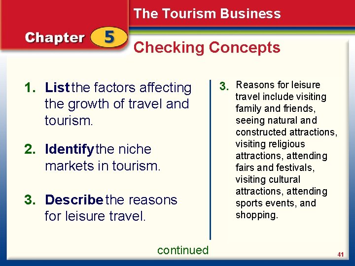 The Tourism Business Checking Concepts 1. List the factors affecting the growth of travel