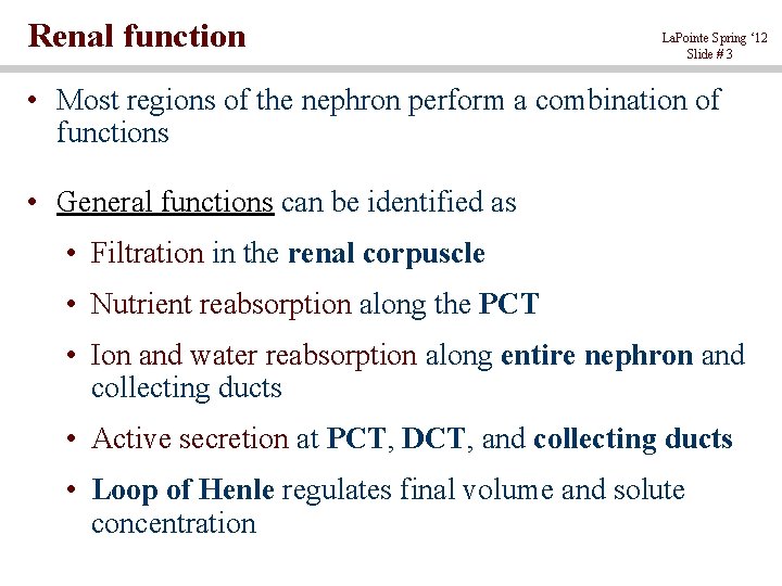Renal function La. Pointe Spring ‘ 12 Slide # 3 • Most regions of
