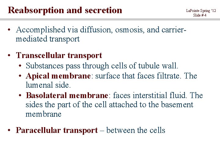 Reabsorption and secretion La. Pointe Spring ‘ 12 Slide # 4 • Accomplished via