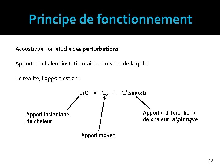 Principe de fonctionnement Acoustique : on étudie des perturbations Apport de chaleur instationnaire au