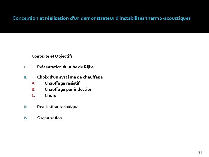 Conception et réalisation d'un démonstrateur d'instabilités thermo-acoustiques Contexte et Objectifs I. II. III. IV.