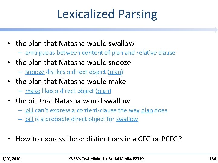 Lexicalized Parsing • the plan that Natasha would swallow – ambiguous between content of