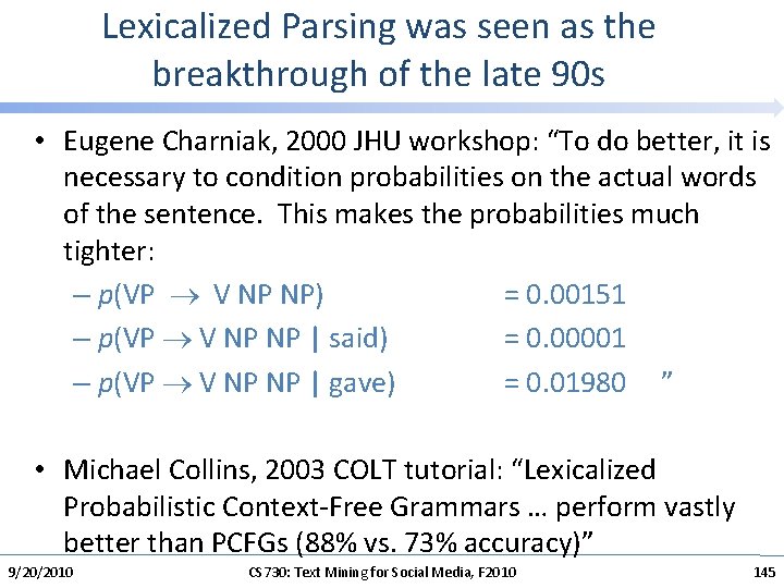 Lexicalized Parsing was seen as the breakthrough of the late 90 s • Eugene