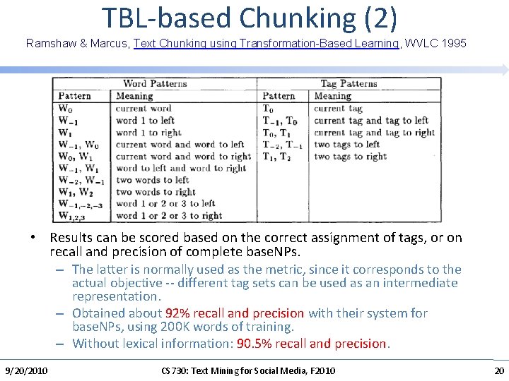 TBL-based Chunking (2) Ramshaw & Marcus, Text Chunking using Transformation-Based Learning, WVLC 1995 •