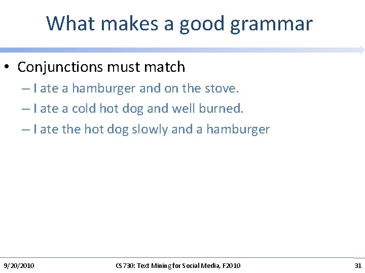 What makes a good grammar • Conjunctions must match – I ate a hamburger