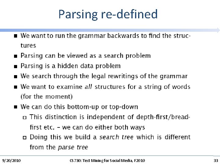 Parsing re-defined 9/20/2010 CS 730: Text Mining for Social Media, F 2010 33 