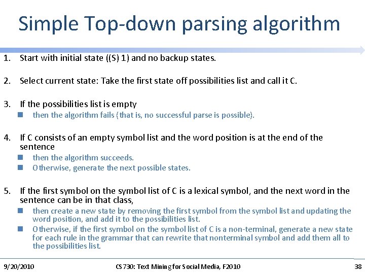 Simple Top-down parsing algorithm 1. Start with initial state ((S) 1) and no backup
