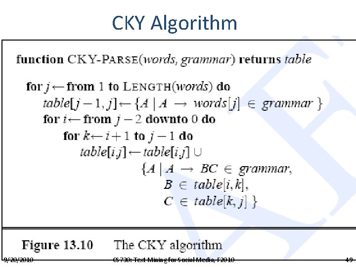 CKY Algorithm 9/20/2010 CS 730: Text Mining for Social Media, F 2010 49 