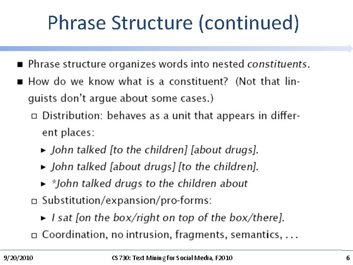 Phrase Structure (continued) 9/20/2010 CS 730: Text Mining for Social Media, F 2010 6
