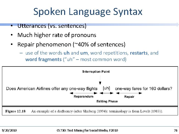 Spoken Language Syntax • Utterances (vs. sentences) • Much higher rate of pronouns •